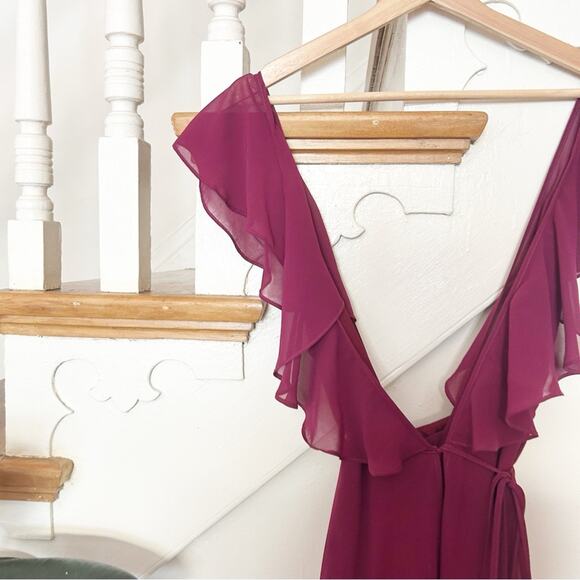YUMI KIM Burgundy Full Bloom Maxi Dress V-Neckline Ruffle Sleeveless Size S - Picture 3 of 12
